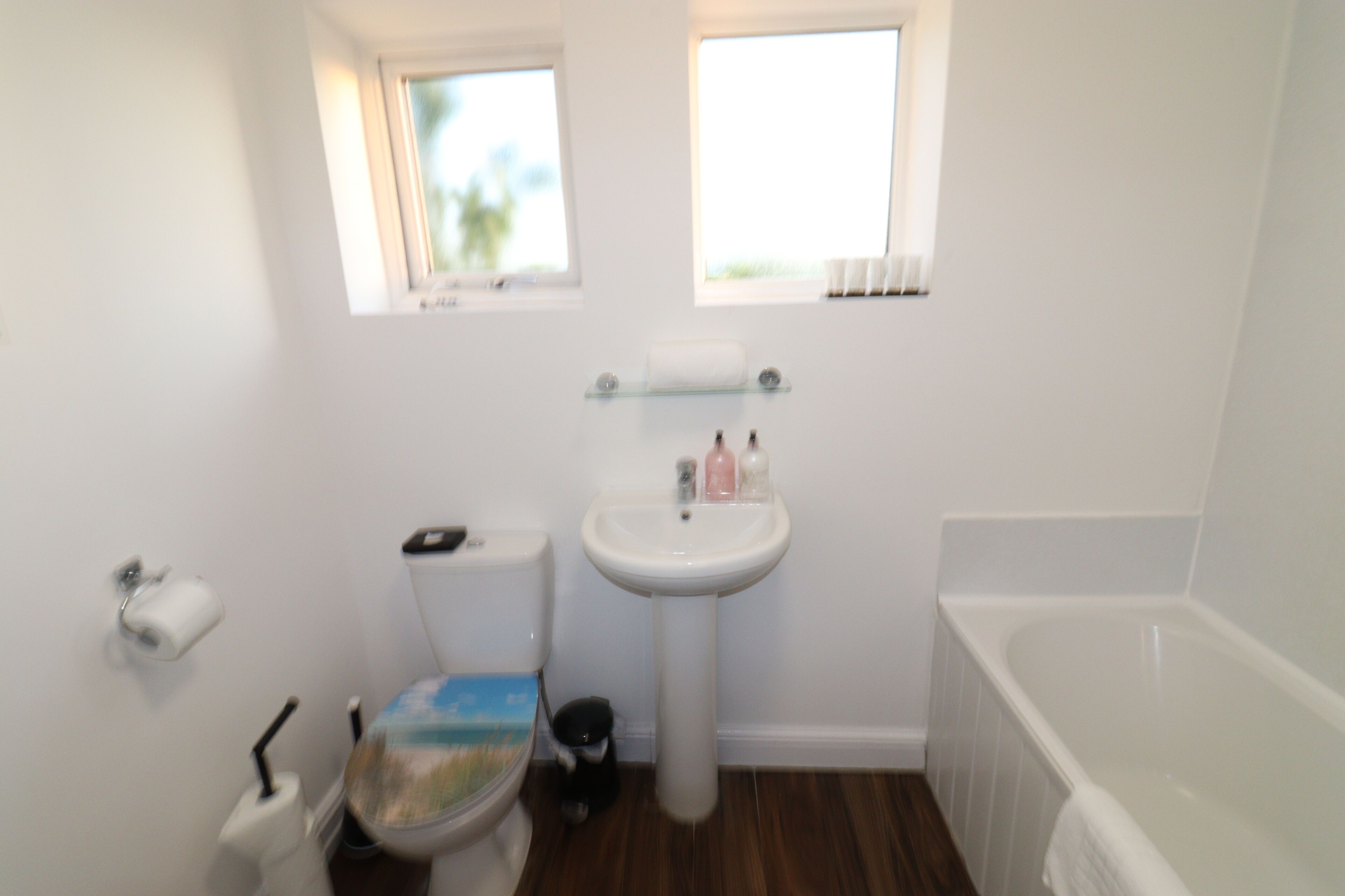 Hair dryer, towels, soap, shampoo