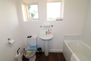 Hair dryer, towels, soap, shampoo