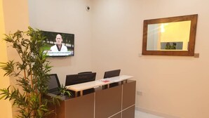 Un comptoir d’accueil avec un écran de télévision, une plante en pot et un miroir au mur.