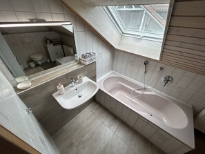 Hair dryer, towels, soap, toilet paper