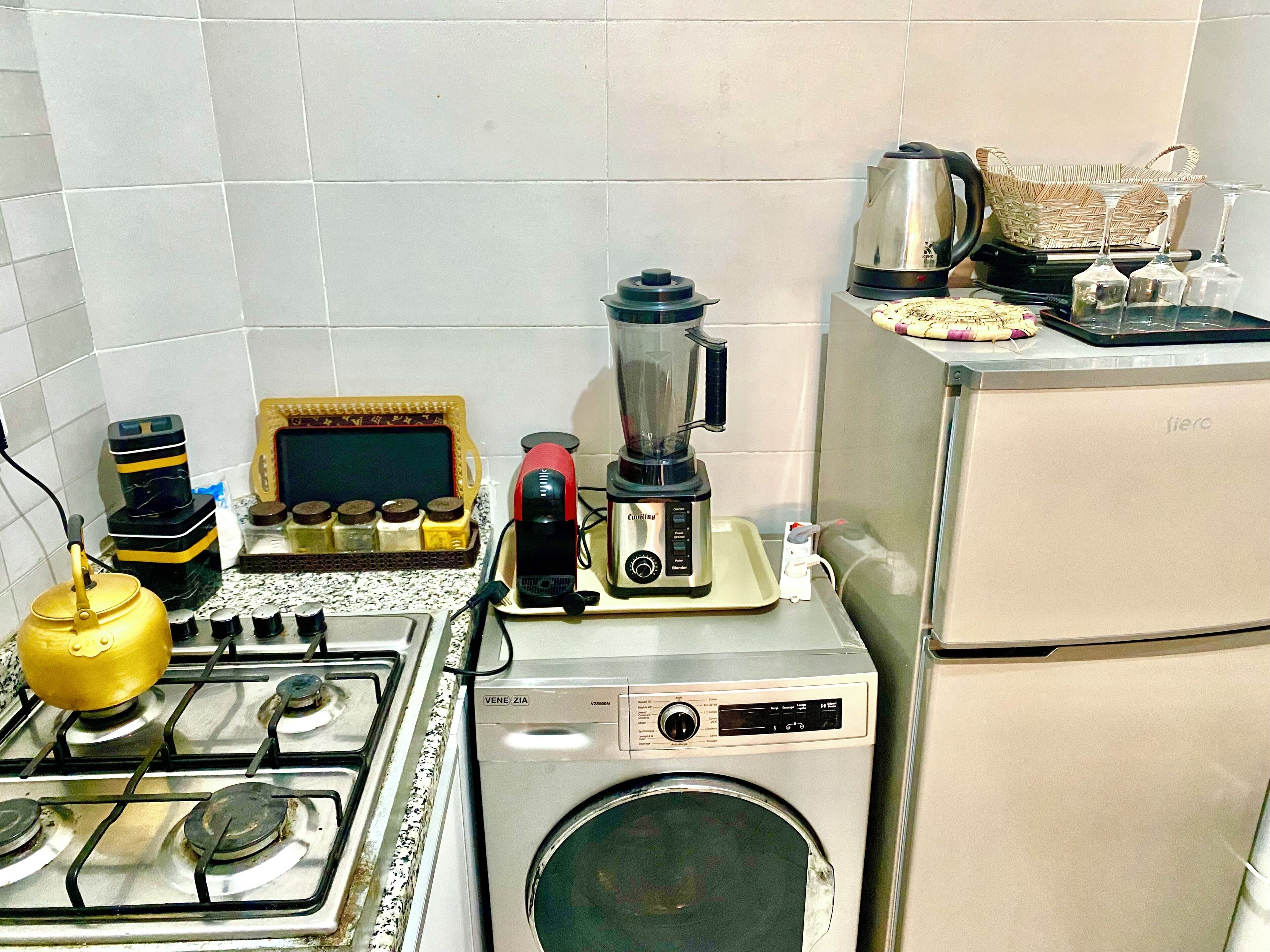 Mini-fridge, stovetop, electric kettle, toaster