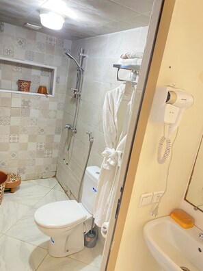 Shower, towels, toilet paper
