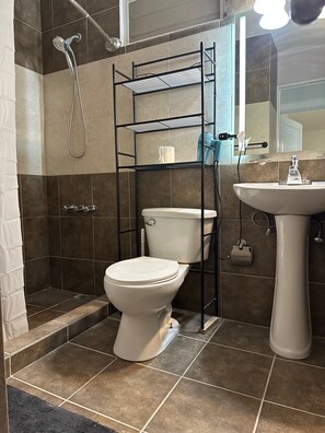 Shower, hair dryer, towels, soap