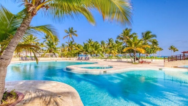 Una piscina rodeada de palmeras y sillas de descanso.
