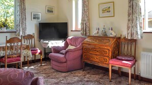 Une pièce dotée d’un grand téléviseur à écran plat, d’une commode en bois, d’un fauteuil rose et d’un tapis à motifs.