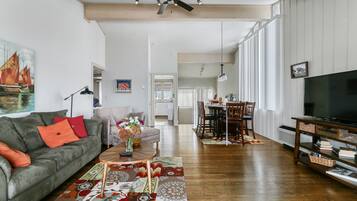 Smart TV, fireplace, books