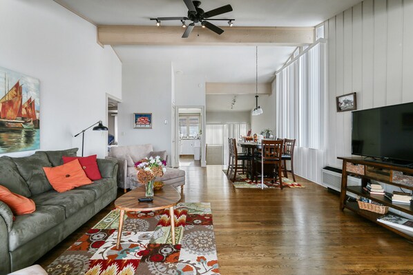 Smart TV, fireplace, books
