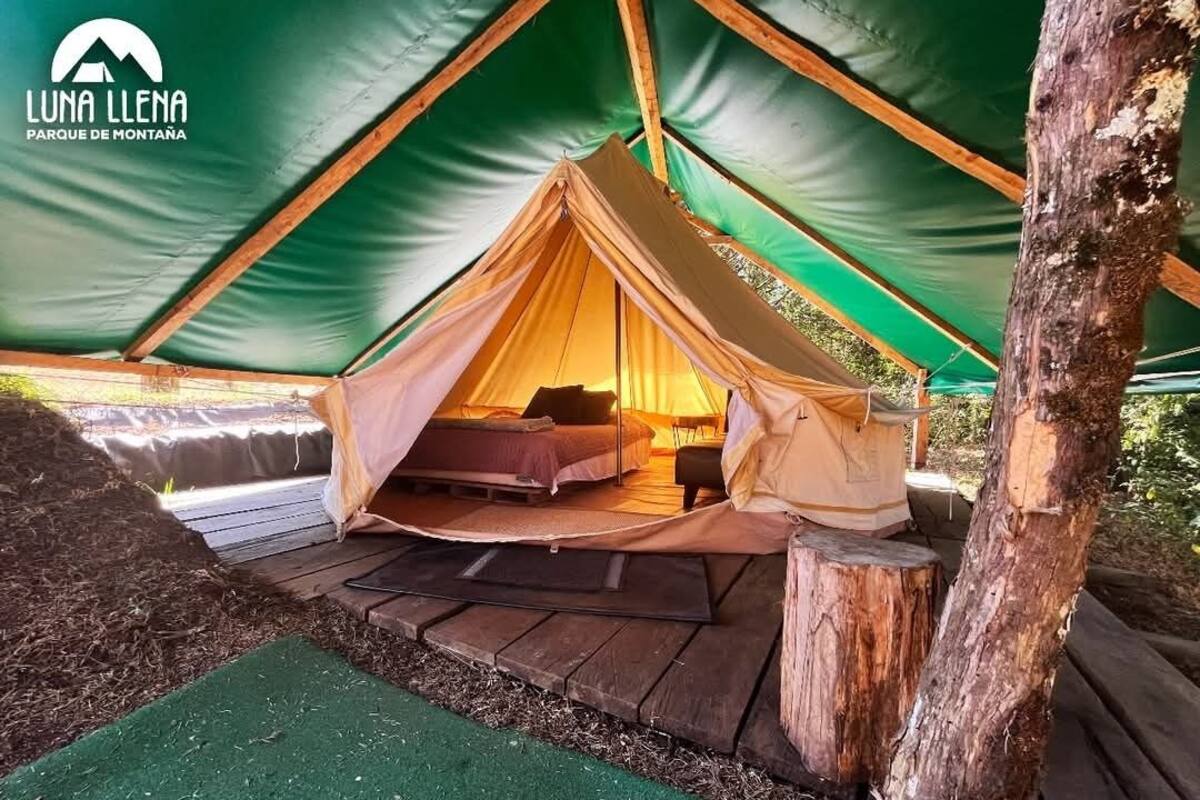 Une tente avec un lit à l’intérieur, entourée d’une terrasse en bois et d’un tapis vert.