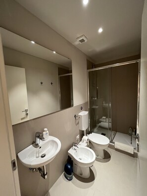 Shower, bidet, towels, toilet paper