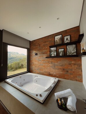 디럭스 캐빈, 퀸사이즈침대 1개, 분사식 욕조, 산 전망 | 내부