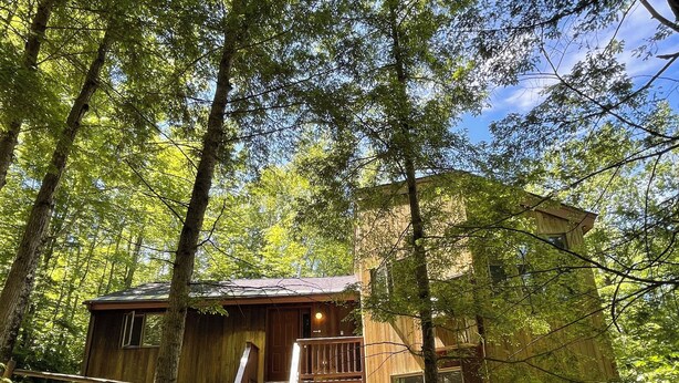 Un chalet rustique entouré de grands arbres, doté d’une terrasse en bois et d’un escalier menant à l’entrée.