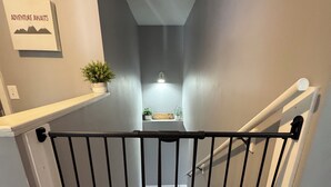 Un escalier avec une porte en métal noir, un pot de fleurs et un luminaire fixé au mur.