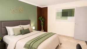A bedroom with a bed, nightstands, a potted plant, a wall art piece, and a door.