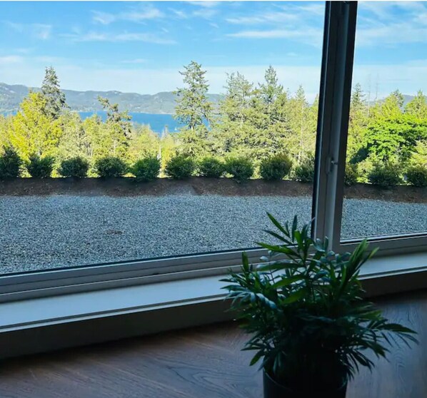 A view through a window with a gravel path, greenery, and distant mountains.