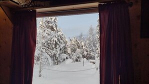 A window with a view of a snowy landscape and trees. - Alaskan Adventure Dry Cabin #2 (Fairbanks)