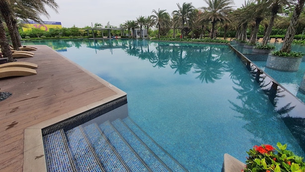 Ein großer, klarer Pool mit Holzterrasse und Palmen.