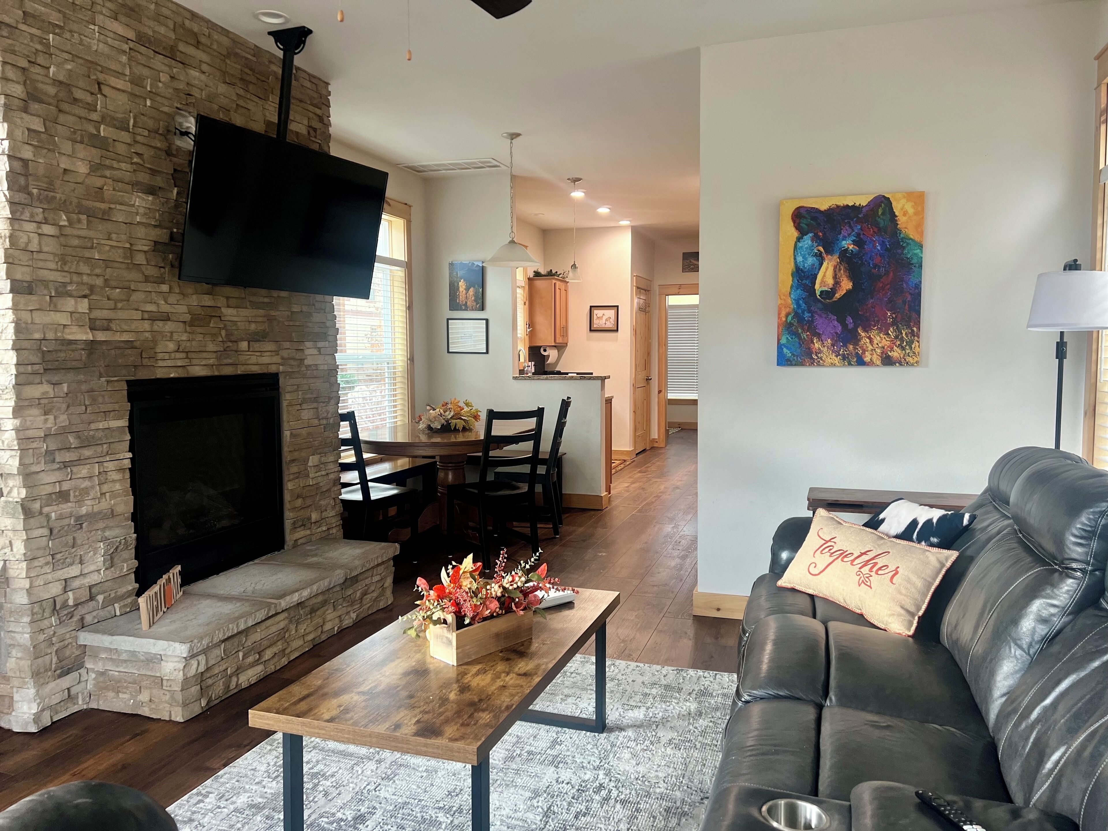 Smart TV, fireplace, books