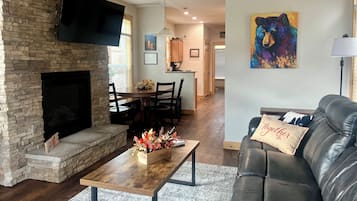 Smart TV, fireplace, books