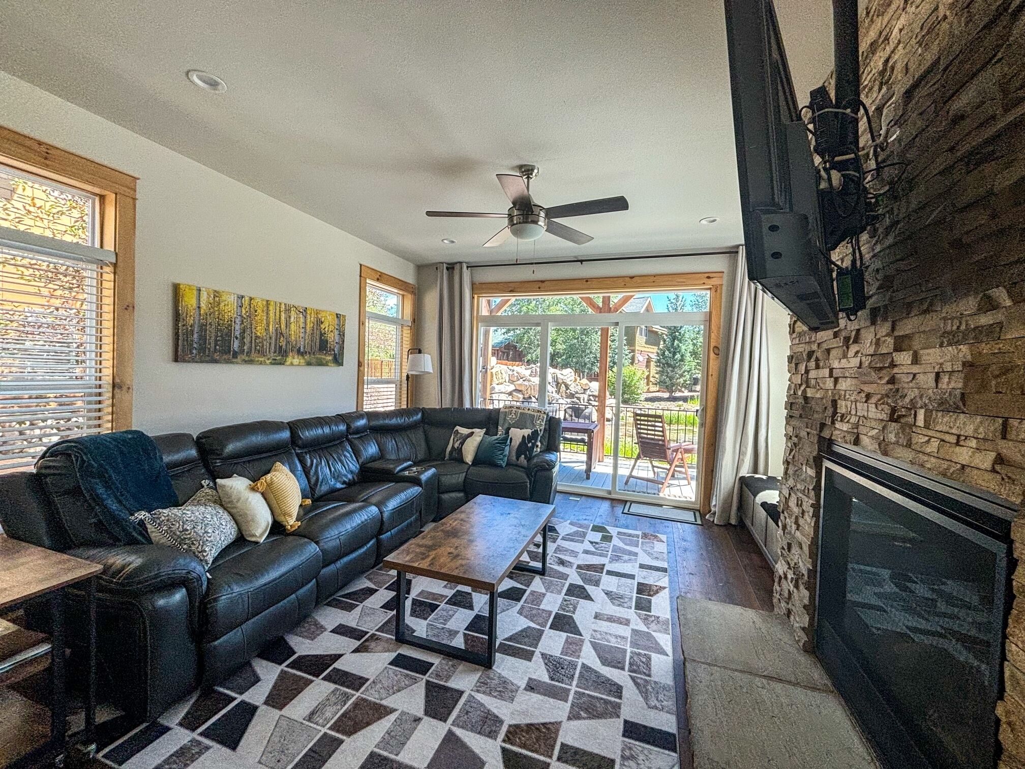 Smart TV, fireplace, books