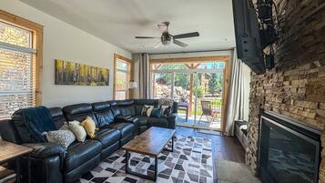 Smart TV, fireplace, books