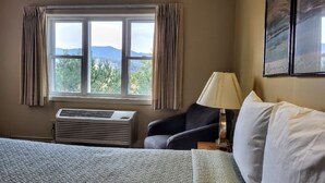Ein Hotelzimmer mit Bett, Stuhl, Lampe und einem fensterbepflanzten Fenster.