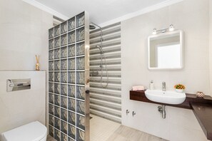 Casa de banho moderna com chuveiro, sanita, lavatório e espelho.