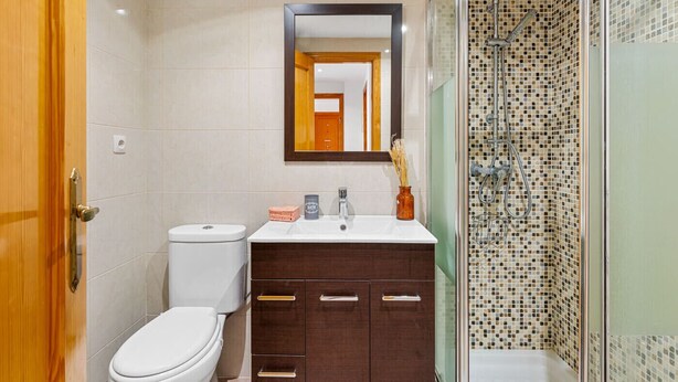 A bathroom with a toilet, a sink with a mirror above, and a shower area with mosaic tiles. - Apartamento Zeus 6 - PlusHolidays (Calpe)