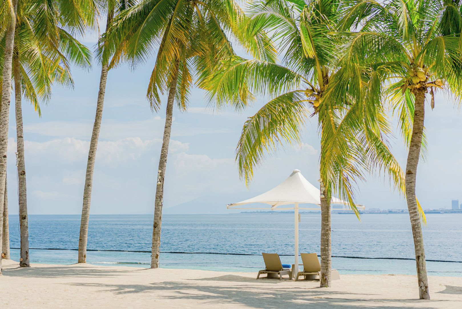 Una playa con palmeras, una sombrilla blanca y dos sillas de playa.