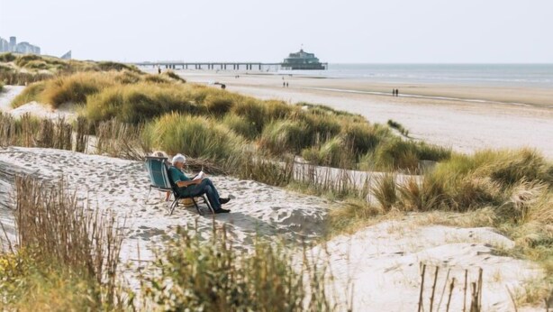 A person sitting on a beach chair overlooking a sandy beach with a pier in the background. - Apartment Andrei by Interhome (Blankenberge)