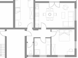 A floor plan with a central living area, a dining room, a kitchen, two bedrooms, a bathroom, and a small outdoor space. - Löwenzahn by Interhome (Velden am Wörthersee)