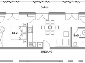 Ein Hotelzimmer mit Balkon, einer Küche mit der Bezeichnung 'SZ 2', einem Essbereich und einem Badezimmer mit der Bezeichnung 'BAD 1'.