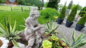 Un jardín con una estatua de piedra, plantas en macetas y una valla blanca al fondo.