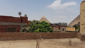 Un patio con un muro de ladrillo, una antena parabólica y una pirámide al fondo.