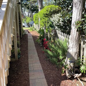 A garden pathway with mulch, a wooden fence, and various plants. - Lost in Lost Colony (Nags Head)