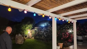 Un patio al aire libre con luces colgantes, techo de madera y plantas en macetas.