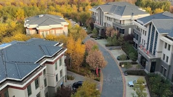 A residential area with modern buildings, a paved road, and autumn-colored trees.