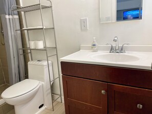 Shower, hair dryer, towels, soap