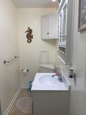 Un bagno piccolo con un lavandino bianco, un water, uno specchio e una decorazione a forma di cavalluccio marino sul muro.
