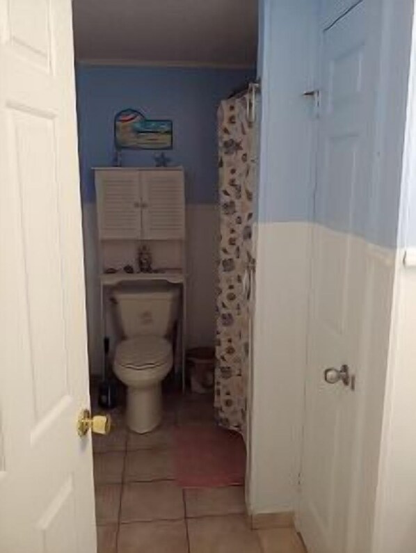 Un baño estrecho con inodoro, lavabo y cortina de ducha.