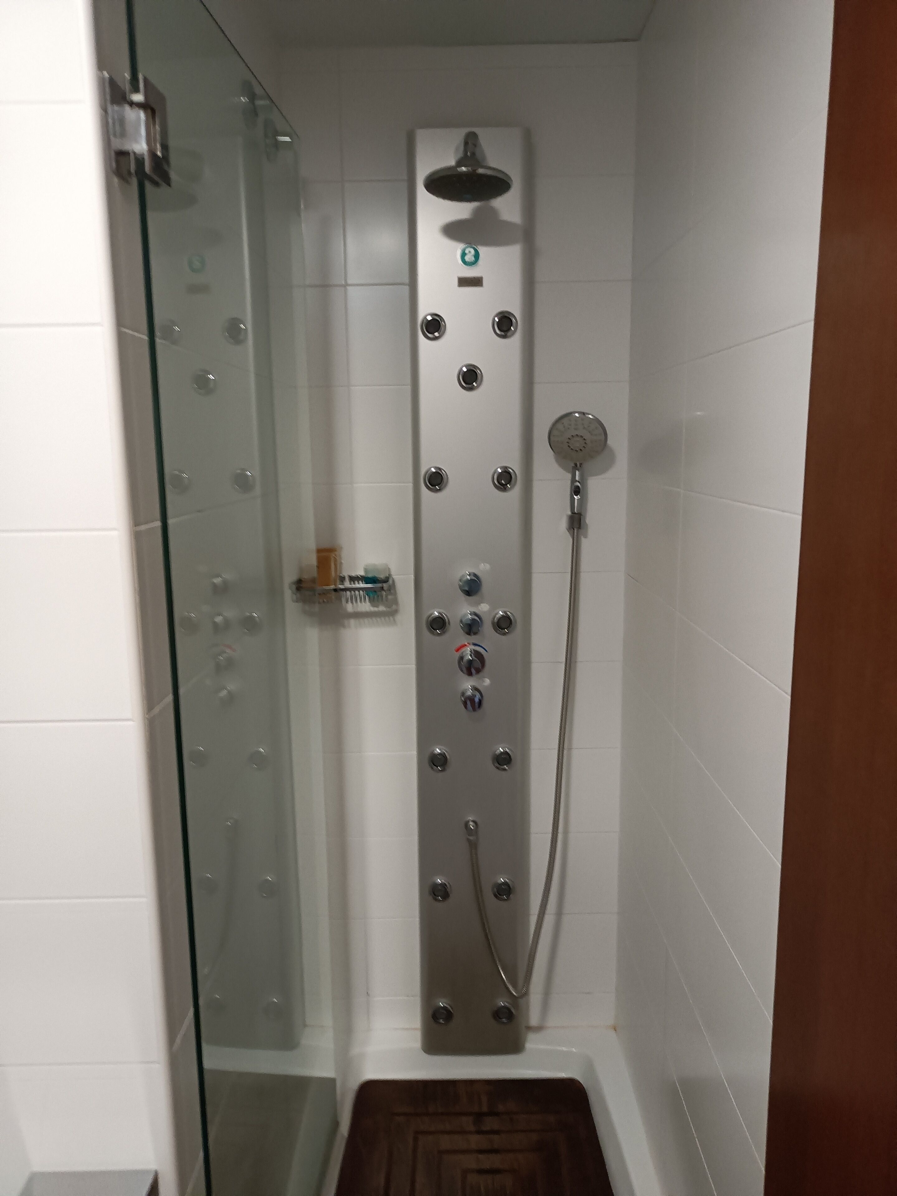 Eine Dusche mit mehreren Bedienelementen, einem Handbrausekopf und einer gläsernen Duschkabine.
