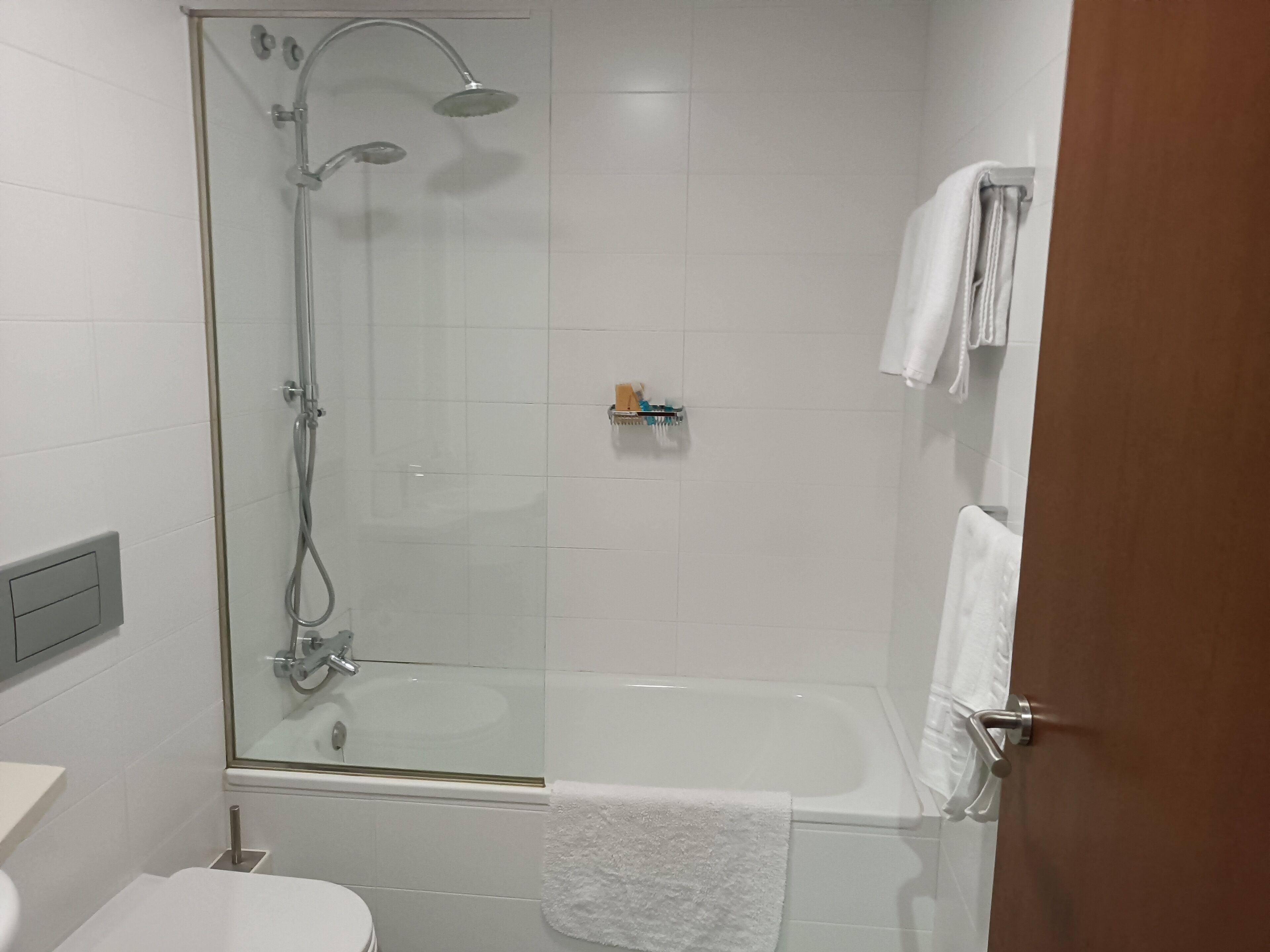 Um banheiro moderno com chuveiro envidraçado, banheira e vaso sanitário.