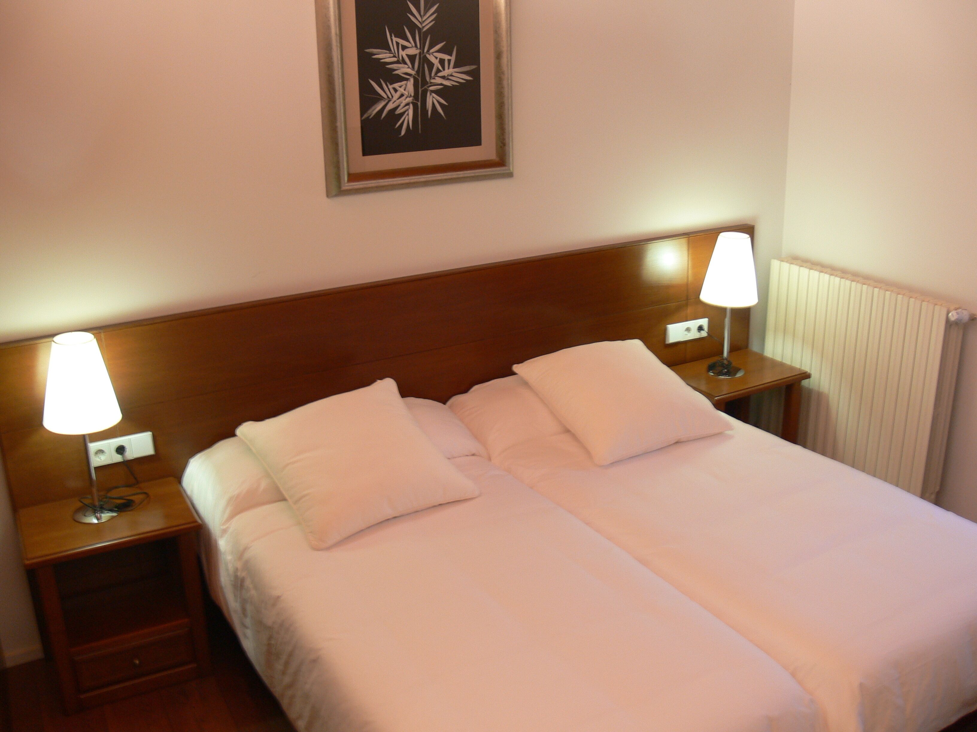 A double bed with white linens, two bedside tables with lamps, a framed artwork on the wall, and a wooden headboard.