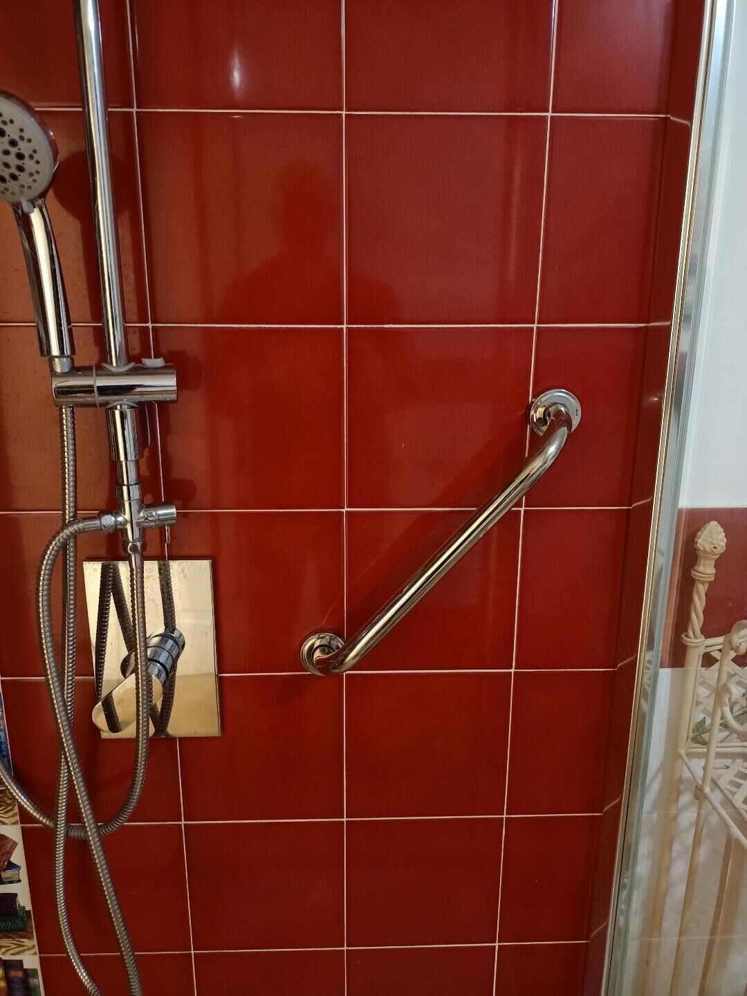 Un'area doccia con mancorrente, soffione a mano e pannello di controllo.