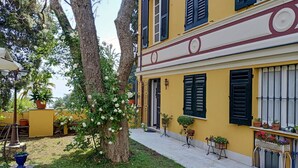 Un bâtiment jaune avec des volets noirs, une bande décorative blanche et un petit balcon orné de plantes en pot.
