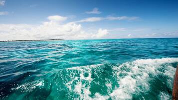 A view of the ocean with waves and a distant shoreline.