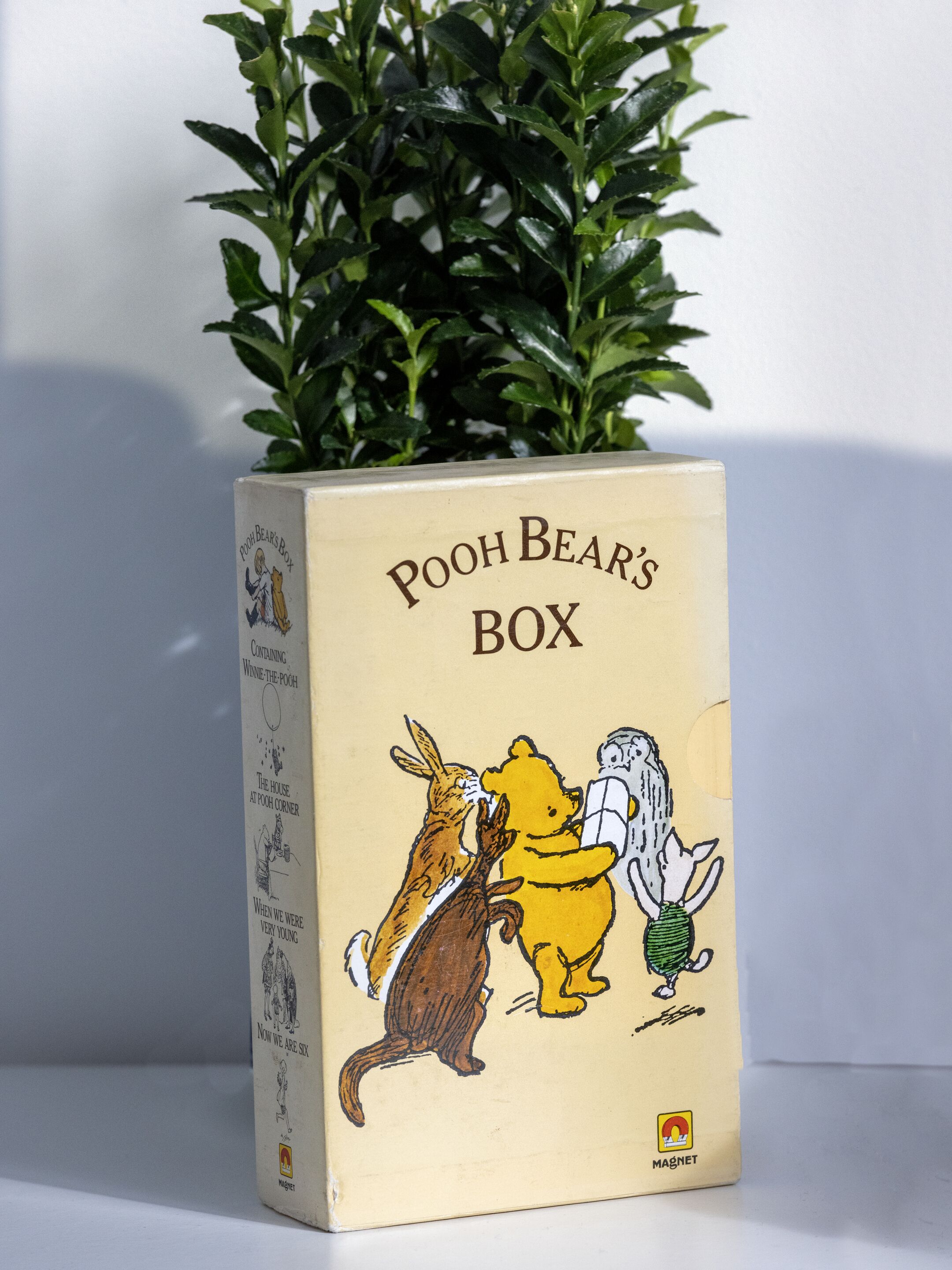 En bok med titeln ”Nalle Puhs skrin” med illustrationer av Nalle Puh och andra karaktärer.