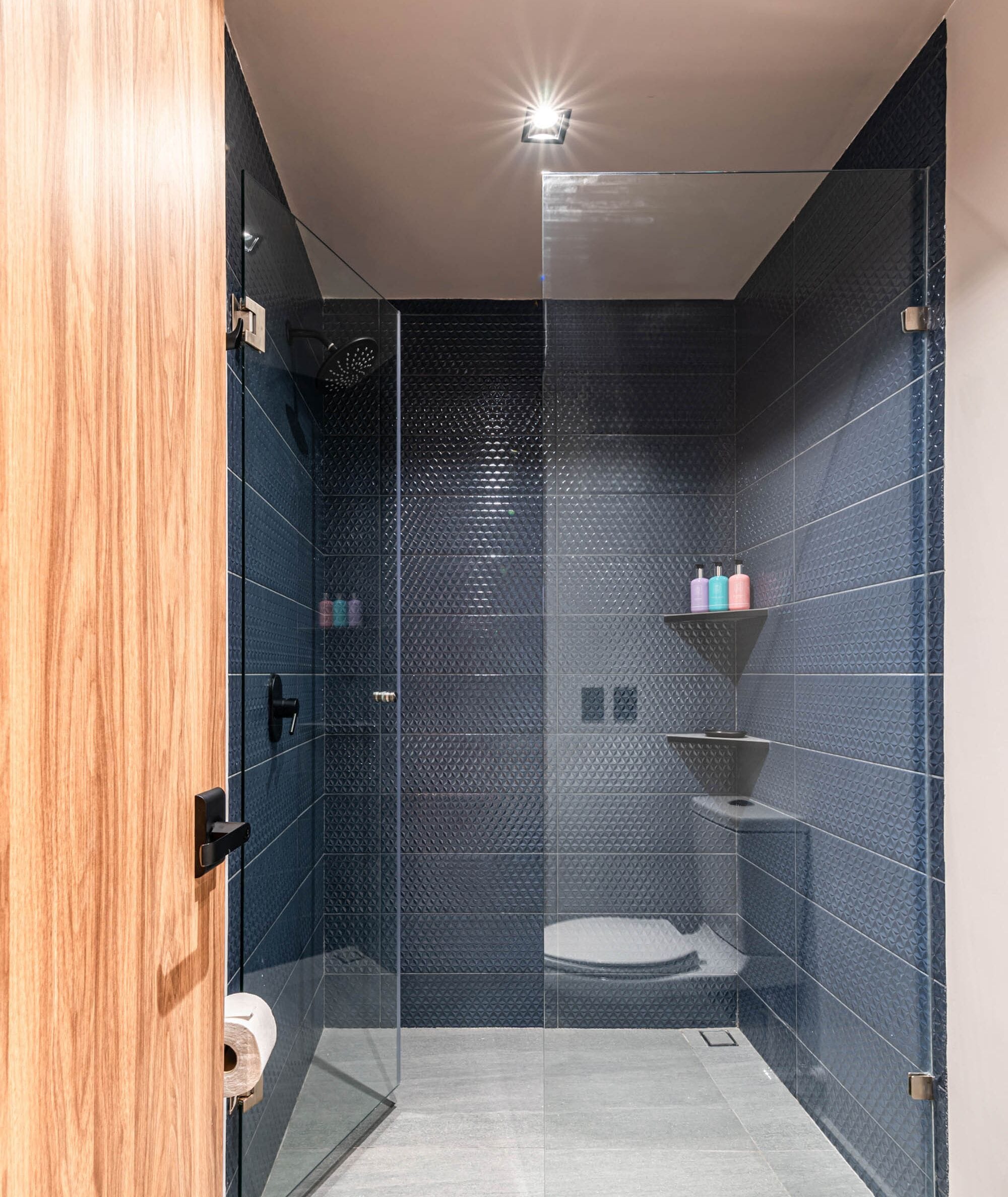 Un bagno moderno con cabina doccia in vetro, una porta in legno e un water.