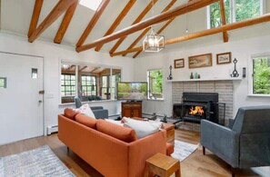 Smart TV, fireplace, DVD player, books
