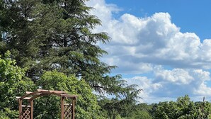 Un jardín con un pérgola, un sendero de grava y parterres florales.