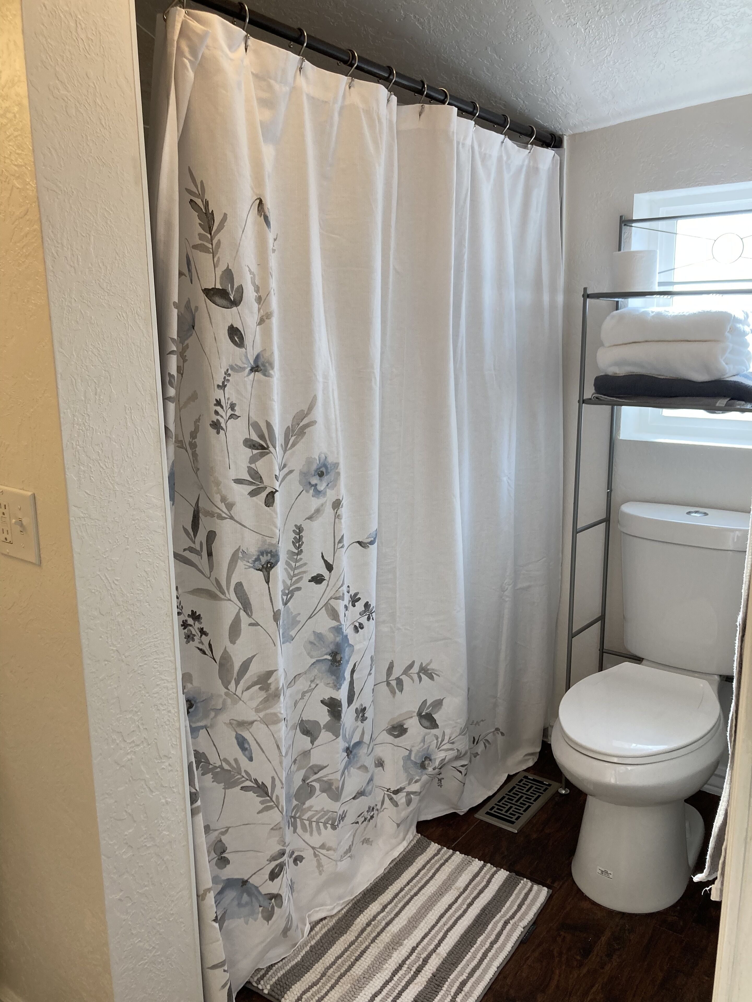 Hair dryer, towels, soap, toilet paper